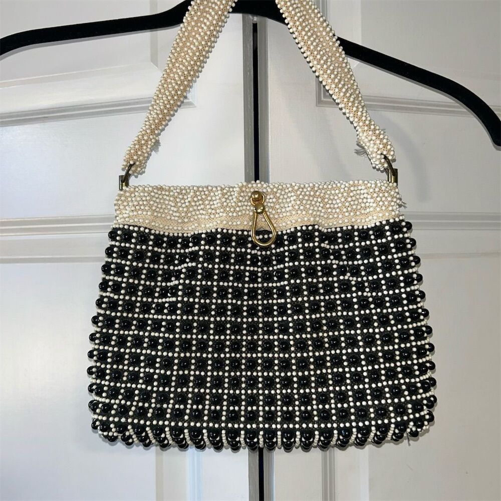 Vintage Black & White Beaded Handbag with Pearlescent Handle